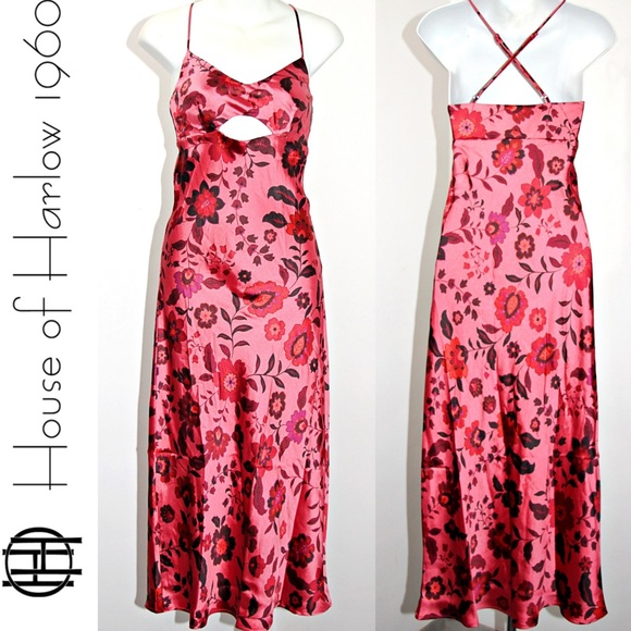 NWT House Of Harlow 1960 Satin Maxi Slip Dress in Pink Flower Multi Size L - Picture 1 of 13
